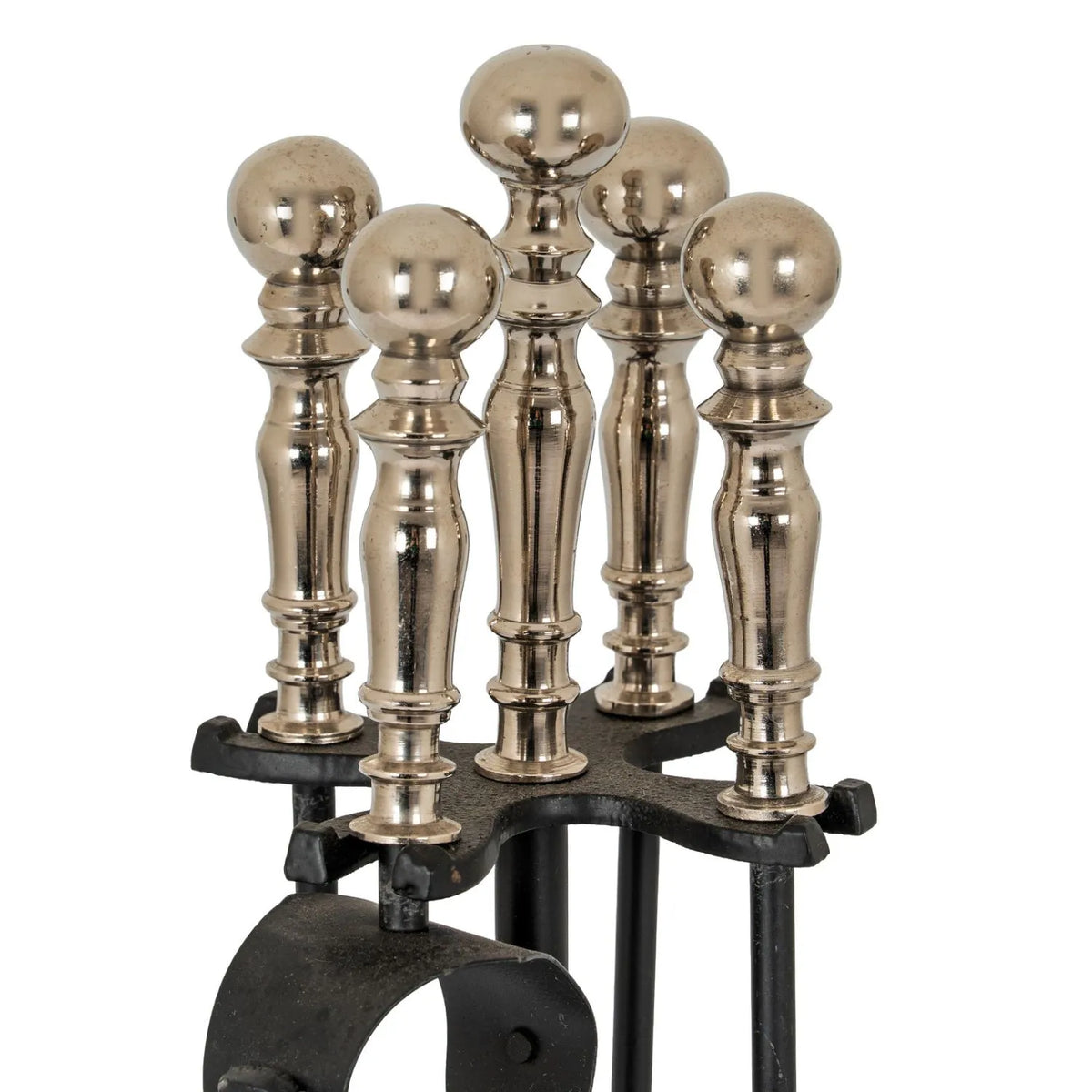 Black & Chrome Fireside Companion Set with Decorative Handles – 4 Piece Metal Fireplace Tool Set 48x13x13cm with Polished Chrome Ball Finial Handles & Turned Detailing Close Up | Click Style
