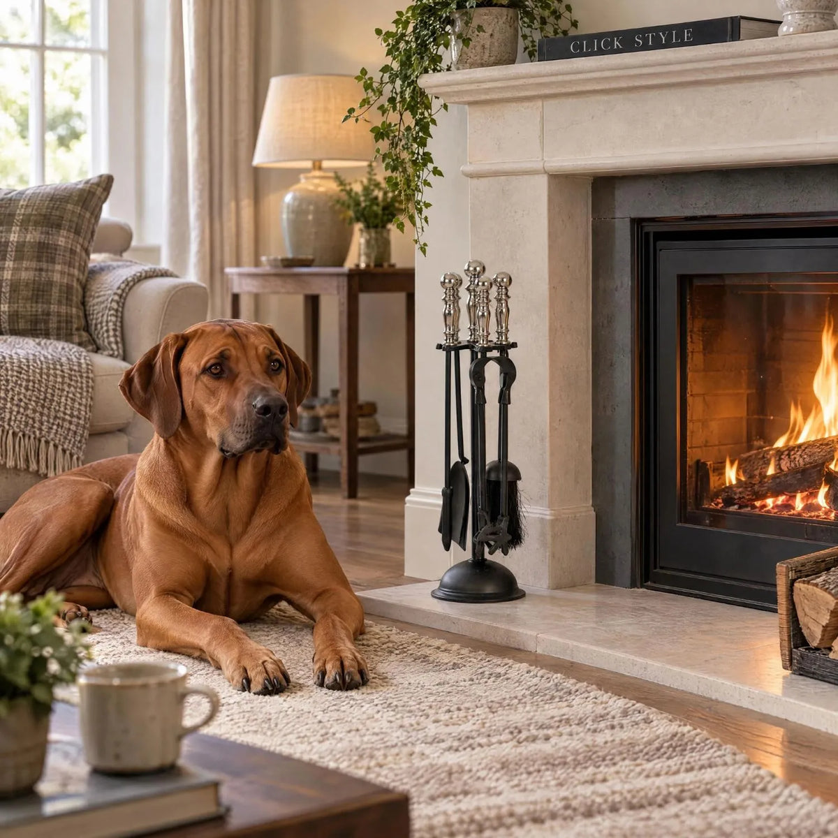 Black & Chrome Fireside Companion Set with Decorative Handles – 4 Piece Metal Fireplace Tool Set 48x13x13cm Styled by Fireplace with Rhodesian Ridgeback & CLICK STYLE Branding | Click Style