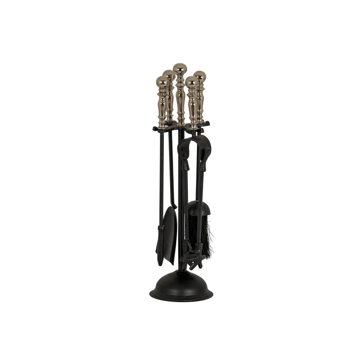 Black & Chrome Fireside Companion Set with Decorative Handles – 4 Piece Metal Fireplace Tool Set 48x13x13cm with Brush Shovel Poker & Tongs Front View | Click Style