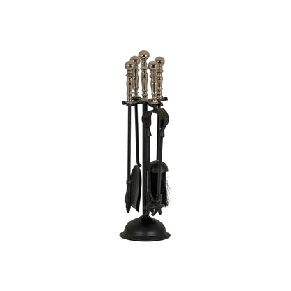 Black & Chrome Fireside Companion Set with Decorative Handles – 4 Piece Metal Fireplace Tool Set 48x13x13cm with Brush Shovel Poker & Tongs Front View | Click Style