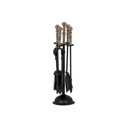 Black & Chrome Fireside Companion Set with Decorative Handles – 4 Piece Metal Fireplace Tool Set 48x13x13cm with Brush Shovel Poker & Tongs Full View | Click Style