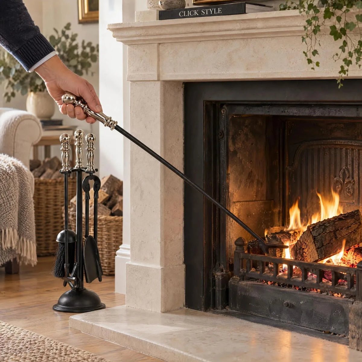 Black & Chrome Fireside Companion Set with Decorative Handles – 4 Piece Metal Fireplace Tool Set 48x13x13cm Chrome Handled Poker in Use Beside Open Fire | Click Style