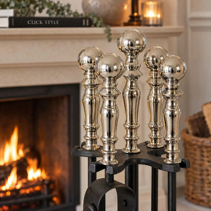 Black & Chrome Fireside Companion Set with Decorative Handles – 4 Piece Metal Fireplace Tool Set 48x13x13cm Chrome Ball Finial Handles & Turned Detailing Close Up | Click Style
