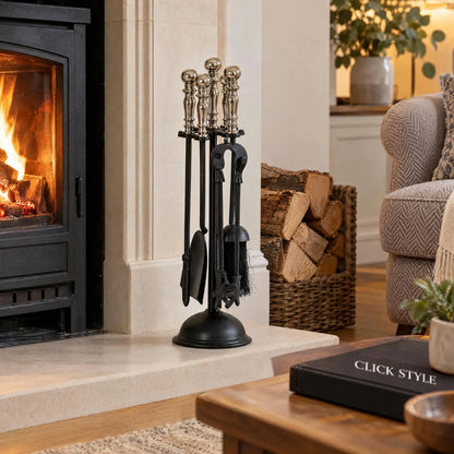 Black & Chrome Fireside Companion Set with Decorative Handles – 4 Piece Metal Fireplace Tool Set 48x13x13cm Styled Beside Fireplace with CLICK STYLE Branding | Click Style