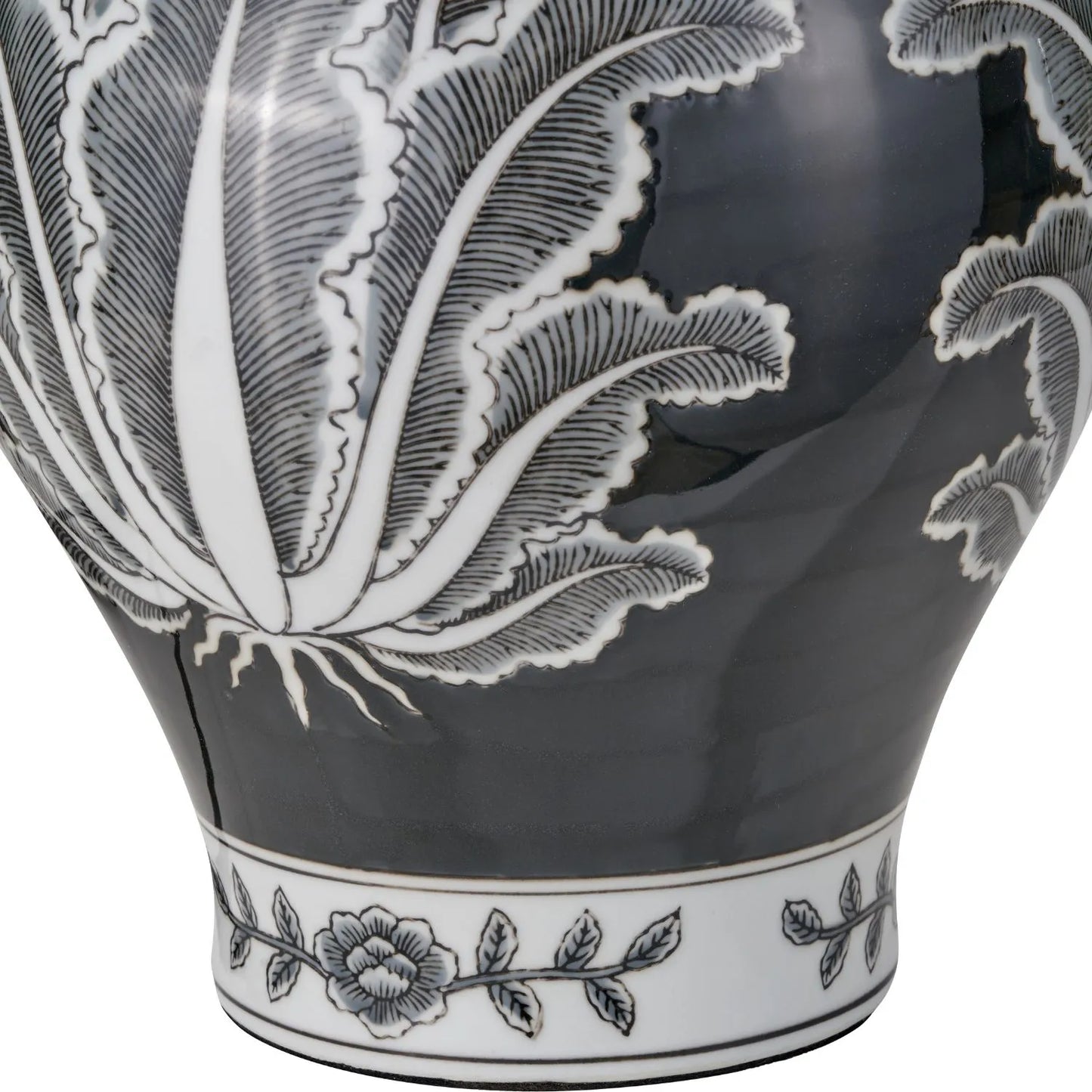 Black & White Art Deco Ceramic Urn Table Lamp Base with Stylised Botanical Leaf Motif – Monochrome Decorative Lighting Base 48x26x26cm | Click Style