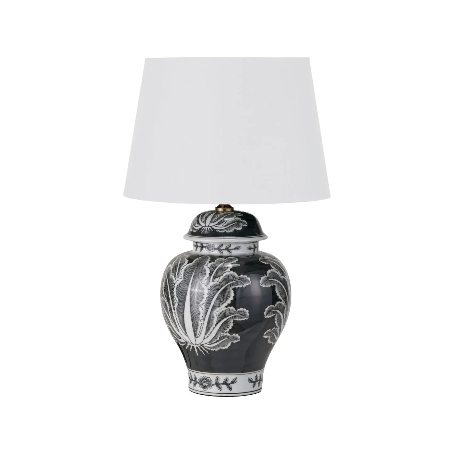 Black & White Art Deco Ceramic Urn Table Lamp Base with Stylised Botanical Leaf Motif – Monochrome Decorative Lighting Base 48x26x26cm | Click Style