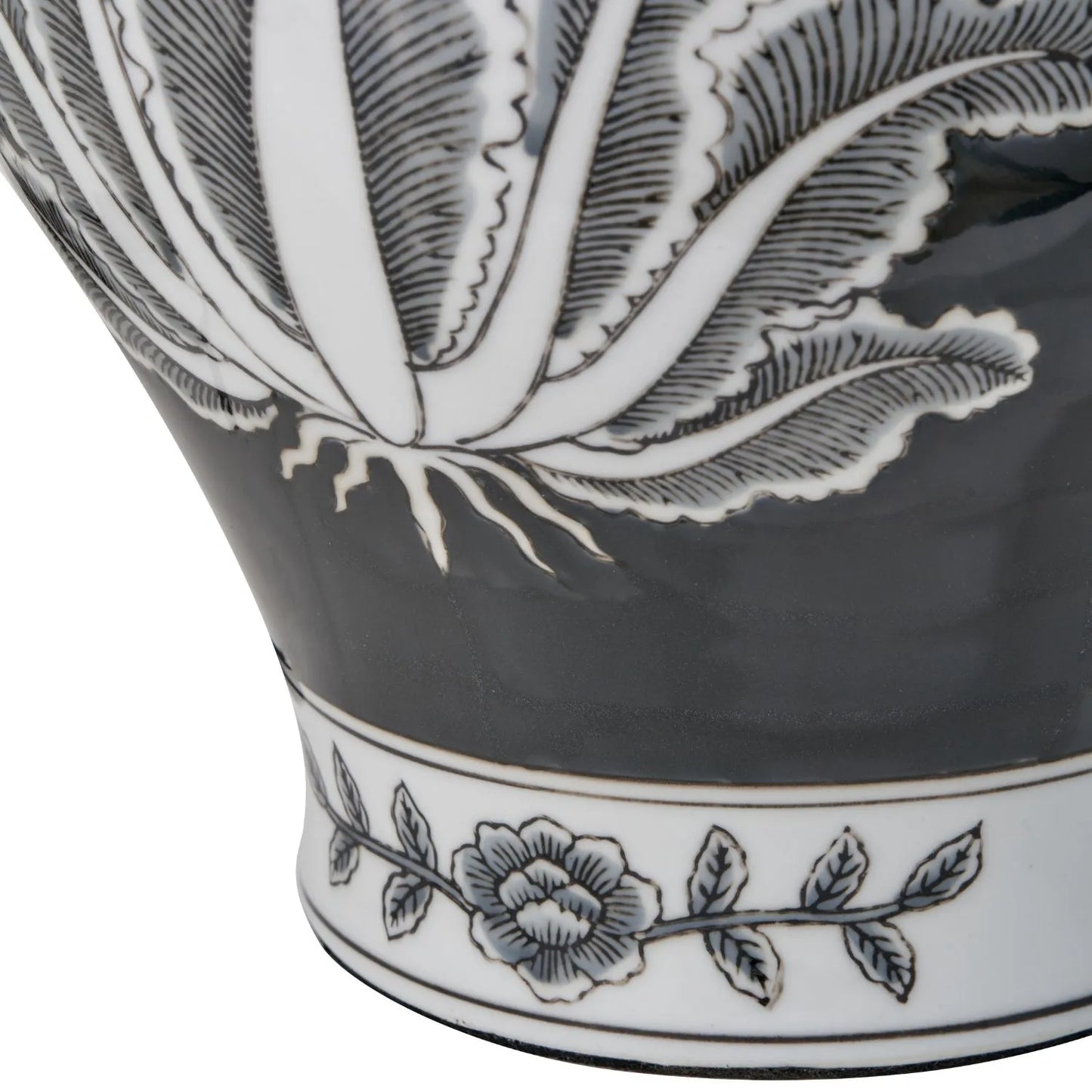 Black & White Art Deco Ceramic Urn Table Lamp Base with Stylised Botanical Leaf Motif – Monochrome Decorative Lighting Base 48x26x26cm | Click Style