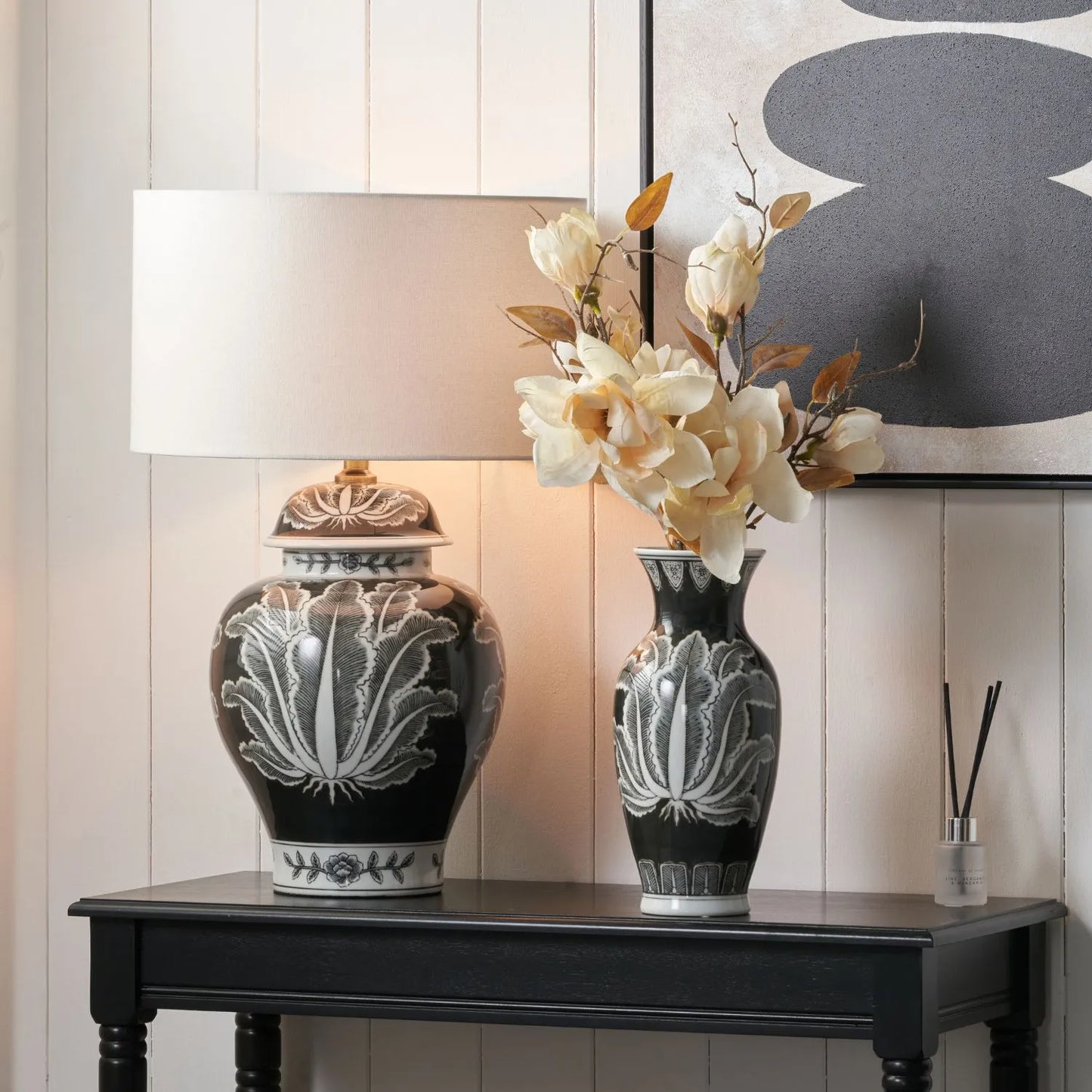 Black & White Art Deco Ceramic Urn Table Lamp Base with Stylised Botanical Leaf Motif – Monochrome Decorative Lighting Base 48x26x26cm | Click Style