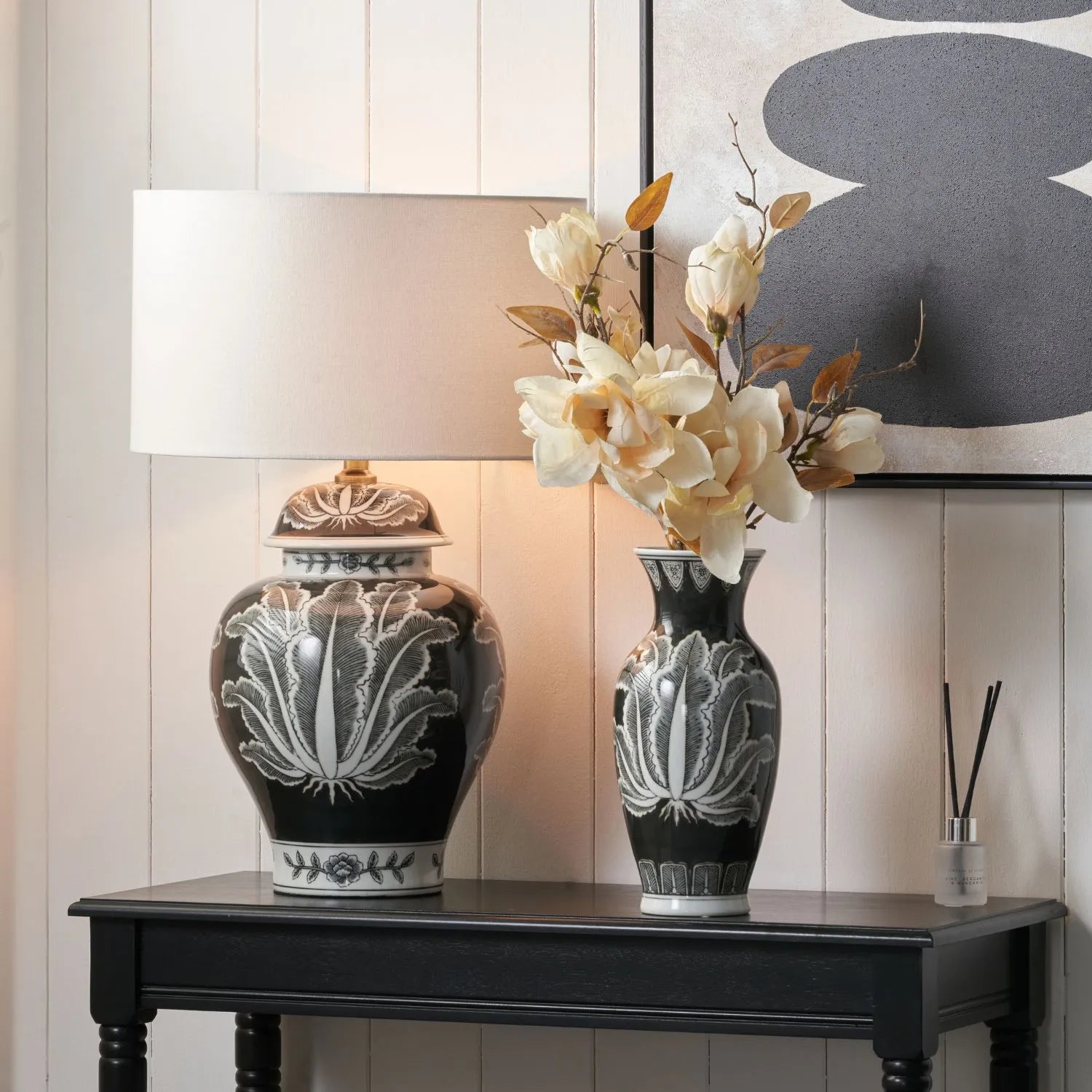 Black & White Art Deco Ceramic Urn Table Lamp Base with Stylised Botanical Leaf Motif – Monochrome Decorative Lighting Base 48x26x26cm | Click Style