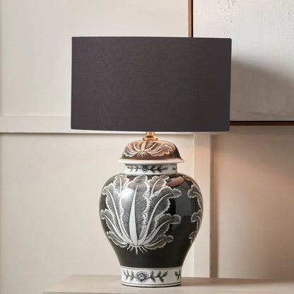 Black & White Art Deco Ceramic Urn Table Lamp Base with Stylised Botanical Leaf Motif – Monochrome Decorative Lighting Base 48x26x26cm | Click Style
