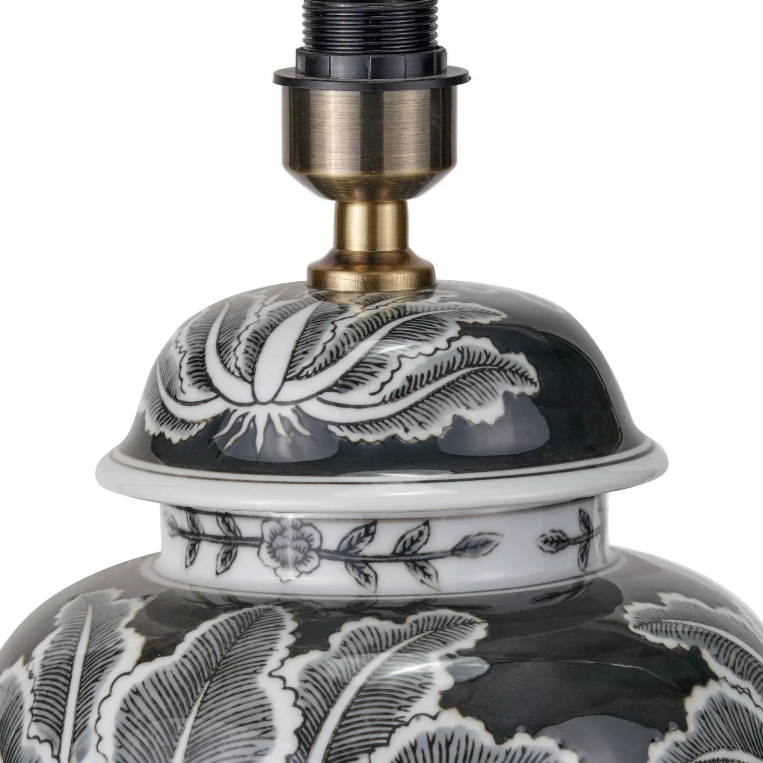 Black & White Art Deco Ceramic Urn Table Lamp Base with Stylised Botanical Leaf Motif – Monochrome Decorative Lighting Base 48x26x26cm | Click Style