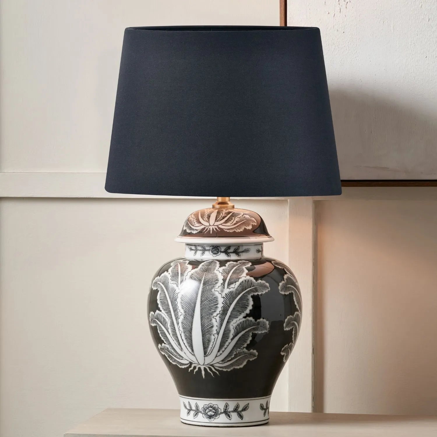 Black & White Art Deco Ceramic Urn Table Lamp Base with Stylised Botanical Leaf Motif – Monochrome Decorative Lighting Base 48x26x26cm | Click Style