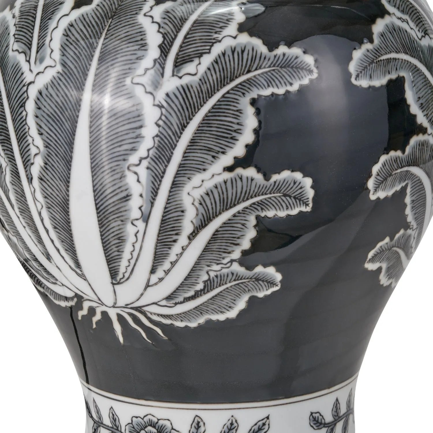 Black & White Art Deco Ceramic Urn Table Lamp Base with Stylised Botanical Leaf Motif – Monochrome Decorative Lighting Base 48x26x26cm | Click Style
