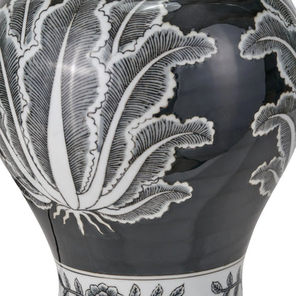 Black & White Art Deco Ceramic Urn Table Lamp Base with Stylised Botanical Leaf Motif – Monochrome Decorative Lighting Base 48x26x26cm | Click Style