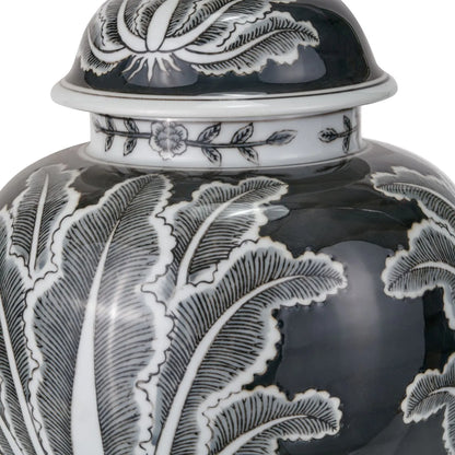 Black & White Art Deco Ceramic Urn Table Lamp Base with Stylised Botanical Leaf Motif – Monochrome Decorative Lighting Base 48x26x26cm | Click Style