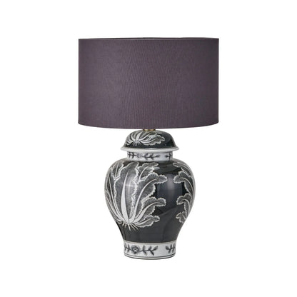 Black & White Art Deco Ceramic Urn Table Lamp Base with Stylised Botanical Leaf Motif – Monochrome Decorative Lighting Base 48x26x26cm | Click Style