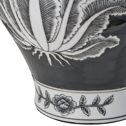 Black & White Art Deco Ceramic Urn Table Lamp with Grey Handloom Cotton Drum Shade – Monochrome Decorative Lighting 67x40x40cm | Click Style