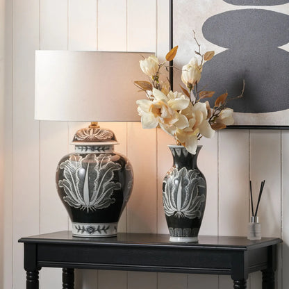 Black & White Art Deco Ceramic Urn Table Lamp with White Handloom Cotton Drum Shade – Monochrome Decorative Lighting 67x40x40cm | Click Style