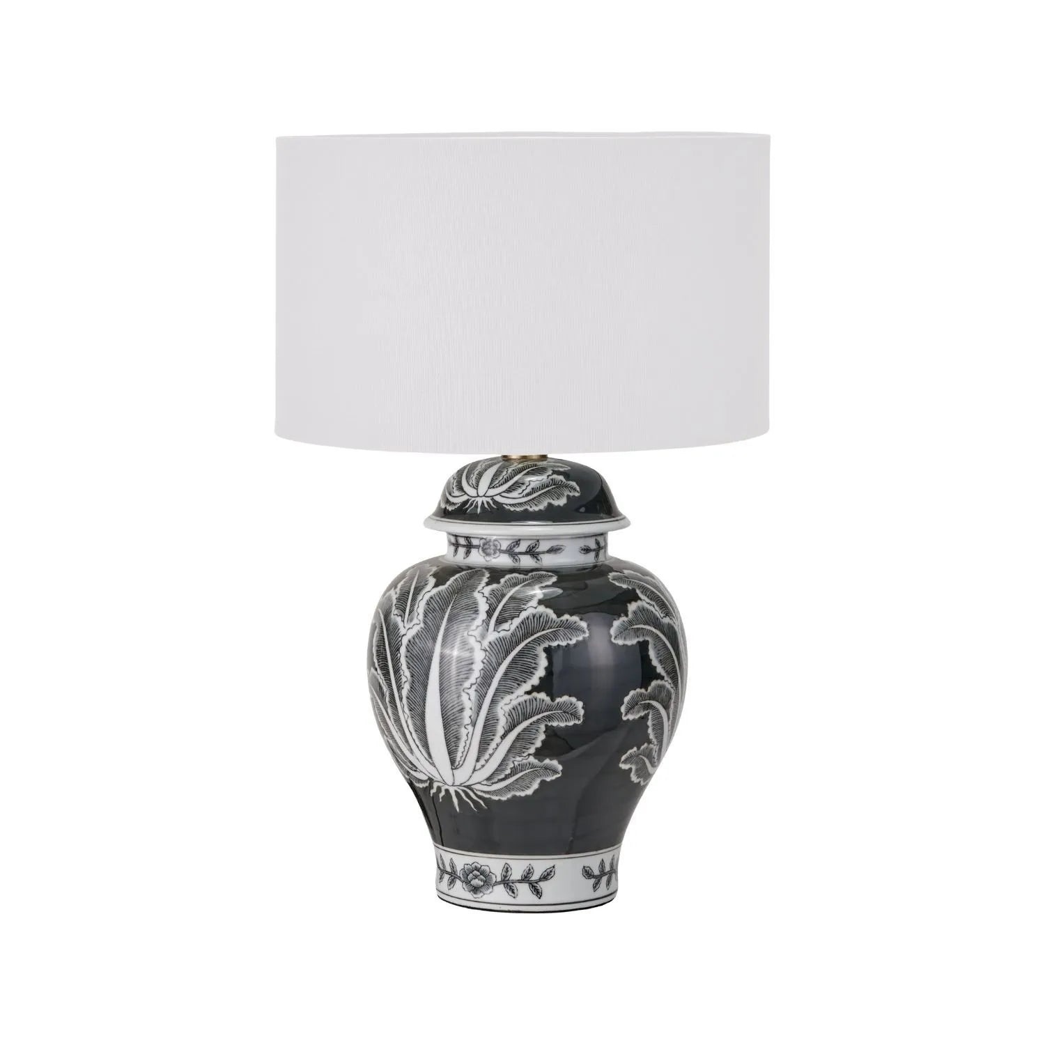 Black & White Art Deco Ceramic Urn Table Lamp with White Handloom Cotton Drum Shade – Monochrome Decorative Lighting 67x40x40cm | Click Style