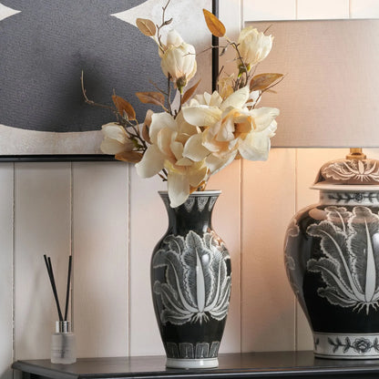 Black & White Art Deco Ceramic Urn Vase with Stylised Botanical Leaf Foliage Motif – Monochrome Decorative Vase 31x14x14cm | Click Style