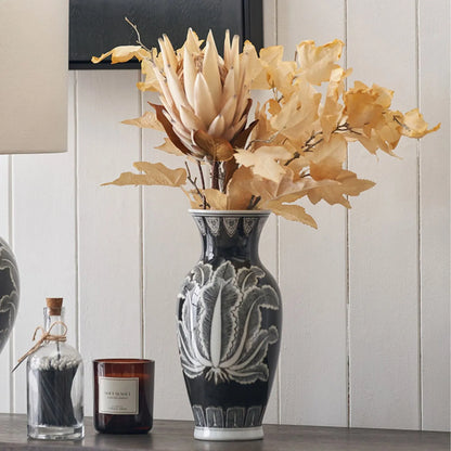 Black & White Art Deco Ceramic Urn Vase with Stylised Botanical Leaf Foliage Motif – Monochrome Decorative Vase 31x14x14cm | Click Style