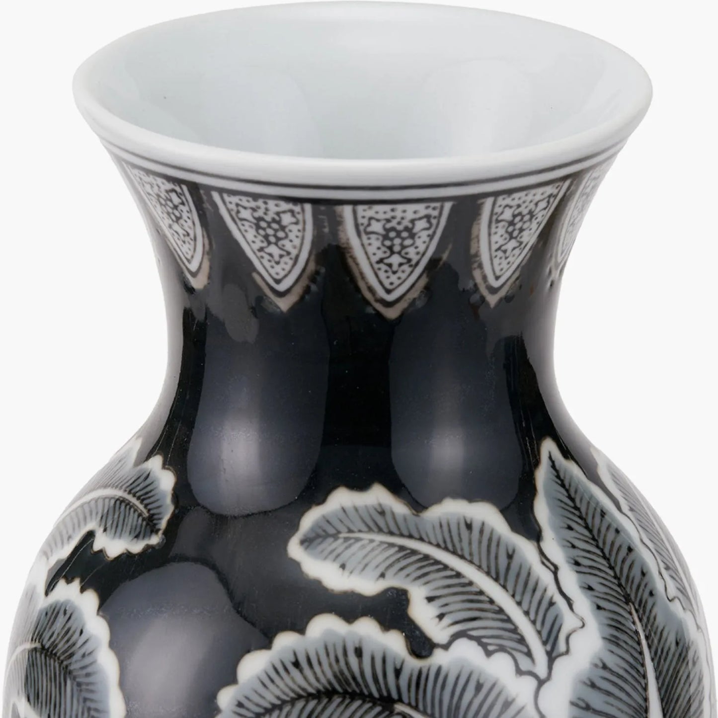 Black & White Art Deco Ceramic Urn Vase with Stylised Botanical Leaf Foliage Motif – Monochrome Decorative Vase 31x14x14cm | Click Style
