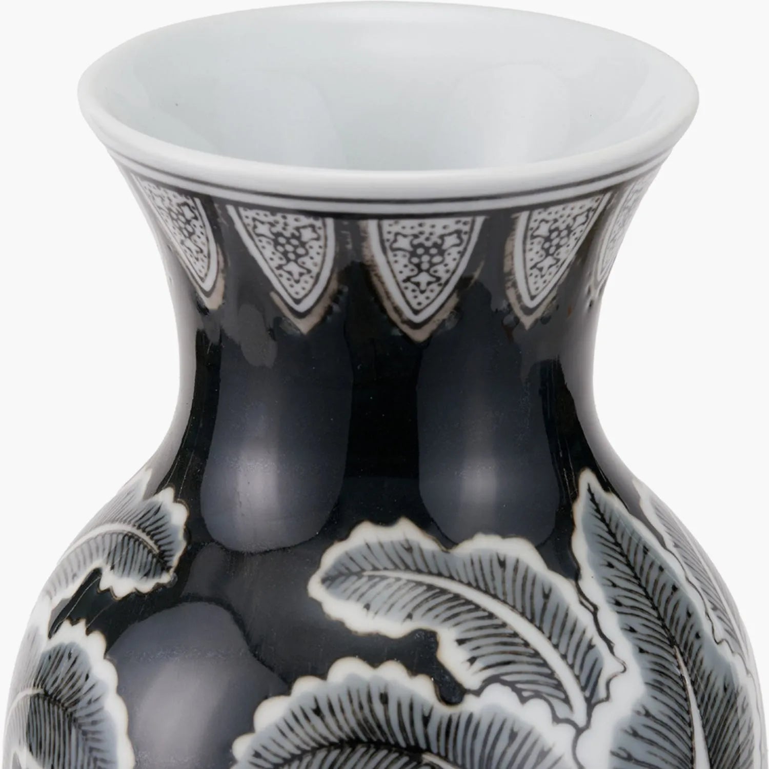 Black & White Art Deco Ceramic Urn Vase with Stylised Botanical Leaf Foliage Motif – Monochrome Decorative Vase 31x14x14cm | Click Style