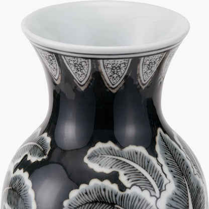 Black & White Art Deco Ceramic Urn Vase with Stylised Botanical Leaf Foliage Motif – Monochrome Decorative Vase 31x14x14cm | Click Style