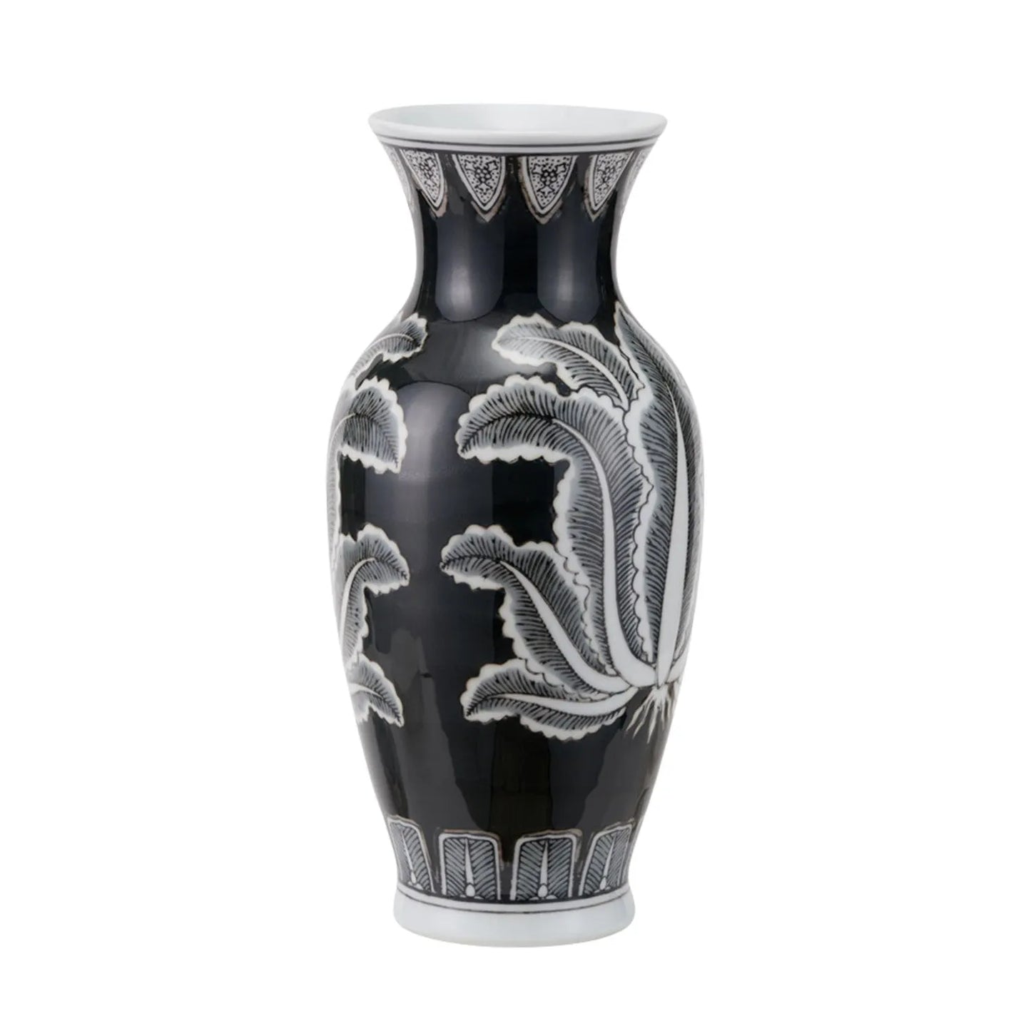 Black & White Art Deco Ceramic Urn Vase with Stylised Botanical Leaf Foliage Motif – Monochrome Decorative Vase 31x14x14cm | Click Style