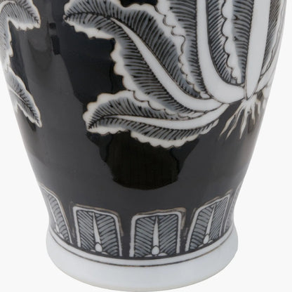 Black & White Art Deco Ceramic Urn Vase with Stylised Botanical Leaf Foliage Motif – Monochrome Decorative Vase 31x14x14cm | Click Style