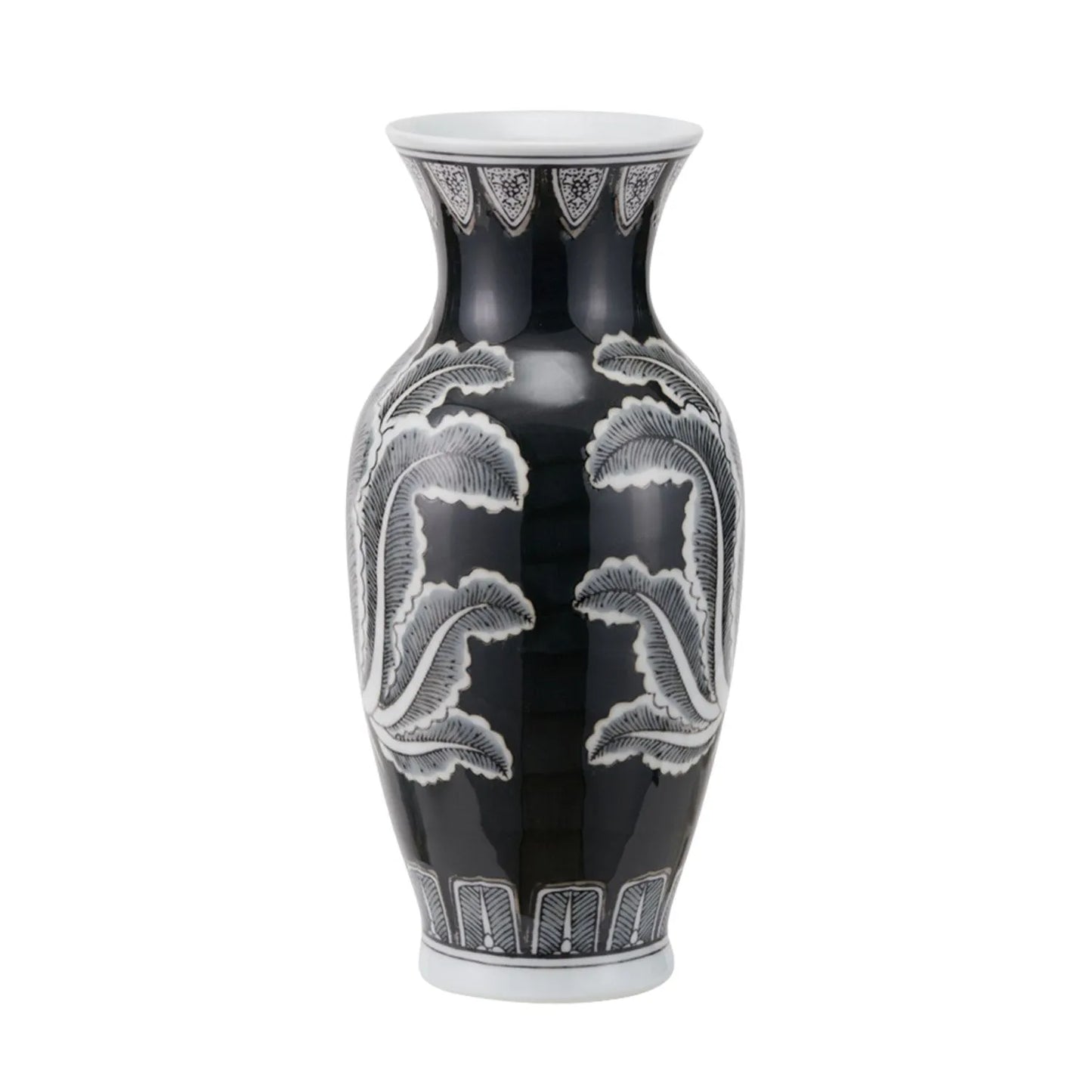 Black & White Art Deco Ceramic Urn Vase with Stylised Botanical Leaf Foliage Motif – Monochrome Decorative Vase 31x14x14cm | Click Style