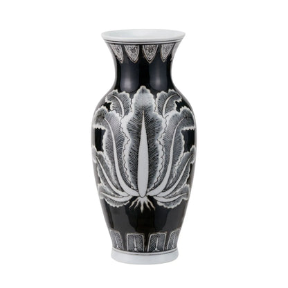 Black & White Art Deco Ceramic Urn Vase with Stylised Botanical Leaf Foliage Motif – Monochrome Decorative Vase 31x14x14cm | Click Style