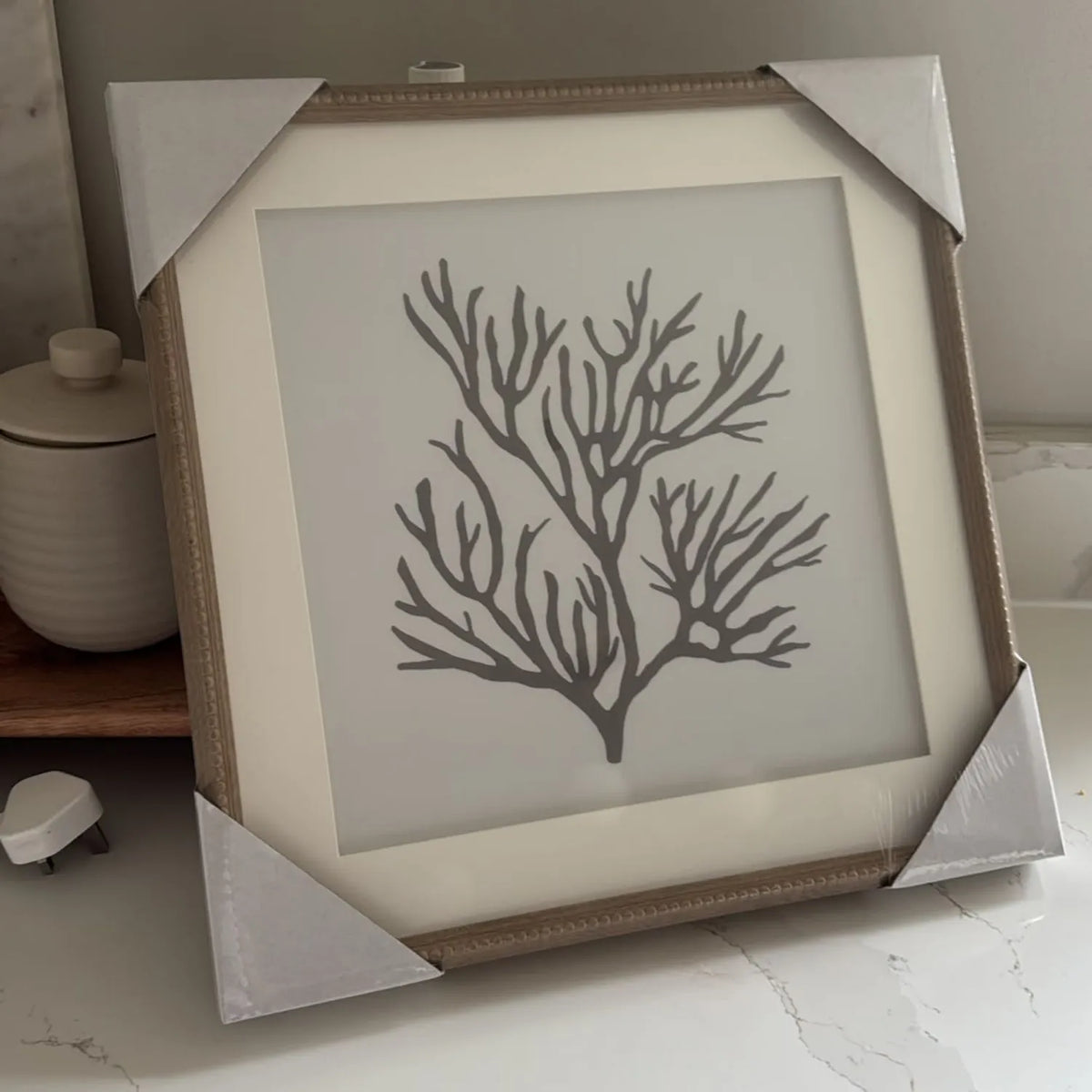 Black & White Coral Print Artwork with Natural Brown Beaded Wooden Frame – Square Coastal Design 40x40cm | Click Style – customer photo showing framed coral artwork with protective corner packaging