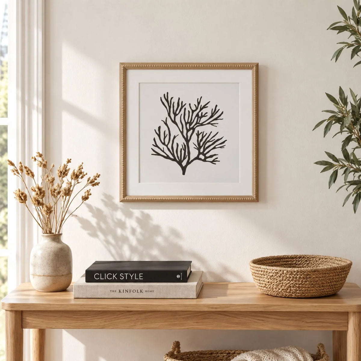 Black & White Coral Print Artwork with Natural Brown Beaded Wooden Frame 40x40cm styled above a natural wood console | Click Style