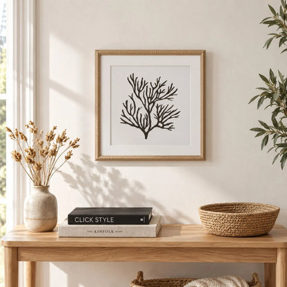 Black & White Coral Print Artwork with Natural Brown Beaded Wooden Frame 40x40cm styled above a natural wood console | Click Style