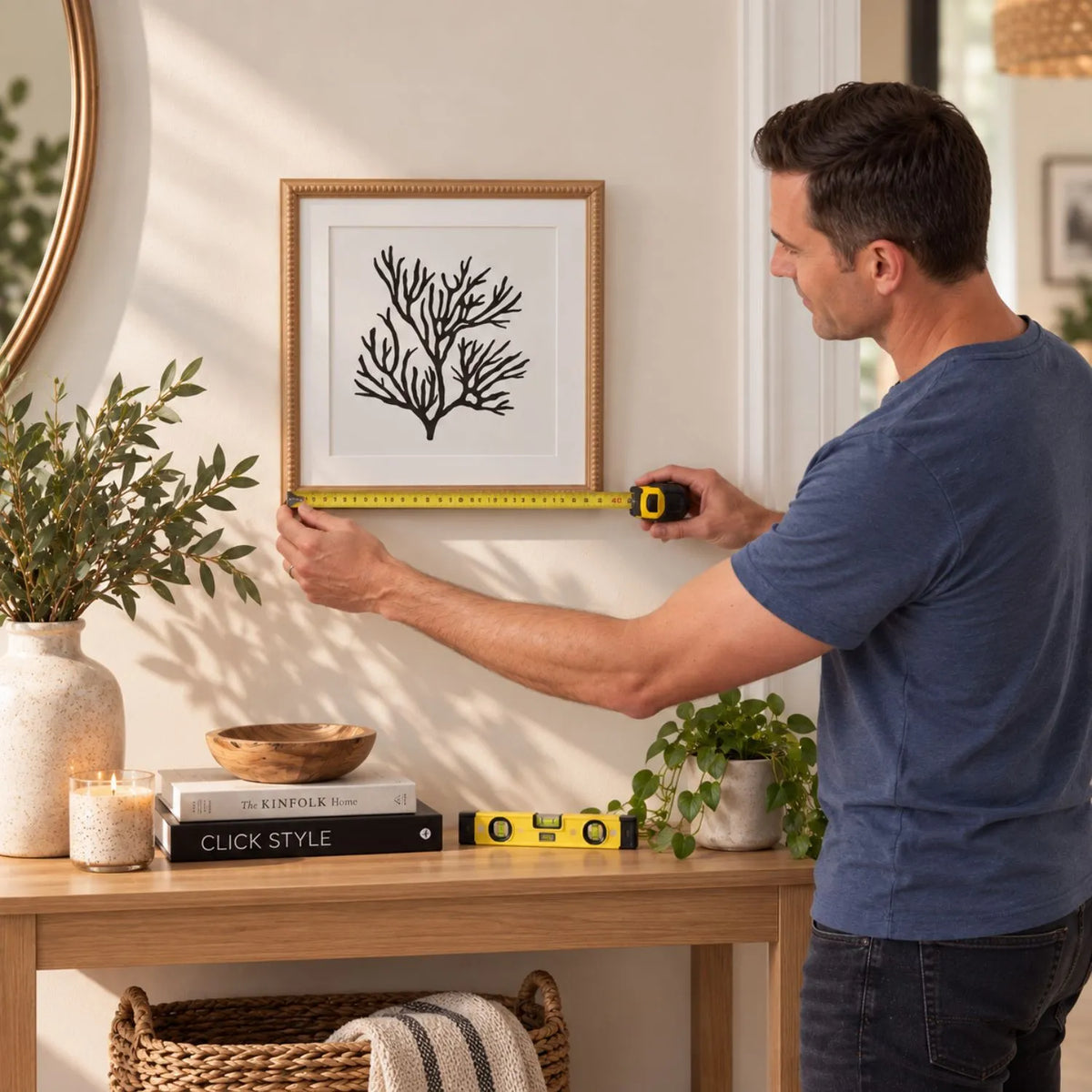 Black & White Coral Print Artwork with Natural Brown Beaded Wooden Frame 40x40cm styled above a wooden console with man | Click Style