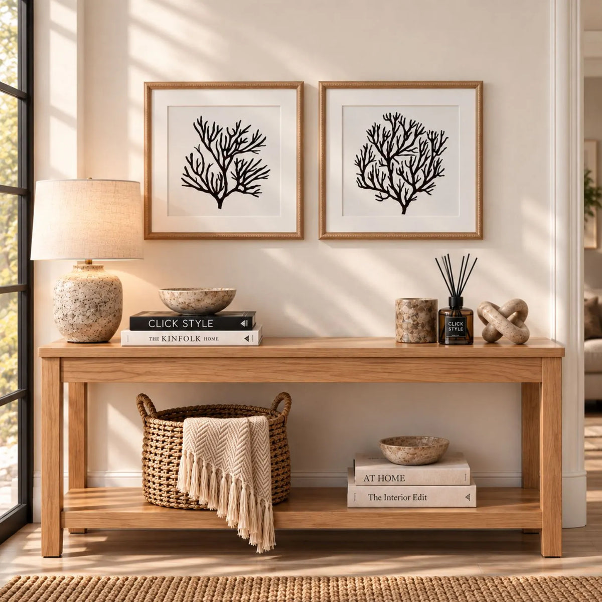 Black & White Coral Print Artwork with Natural Brown Beaded Wooden Frame – Square Coastal Design 40x40cm styled with coordinating full coral artwork above a natural wood console | Click Style
