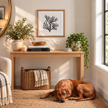 Black & White Coral Print Artwork with Natural Brown Beaded Wooden Frame 40x40cm styled above a wooden console with Rhodesian Ridgeback | Click Style