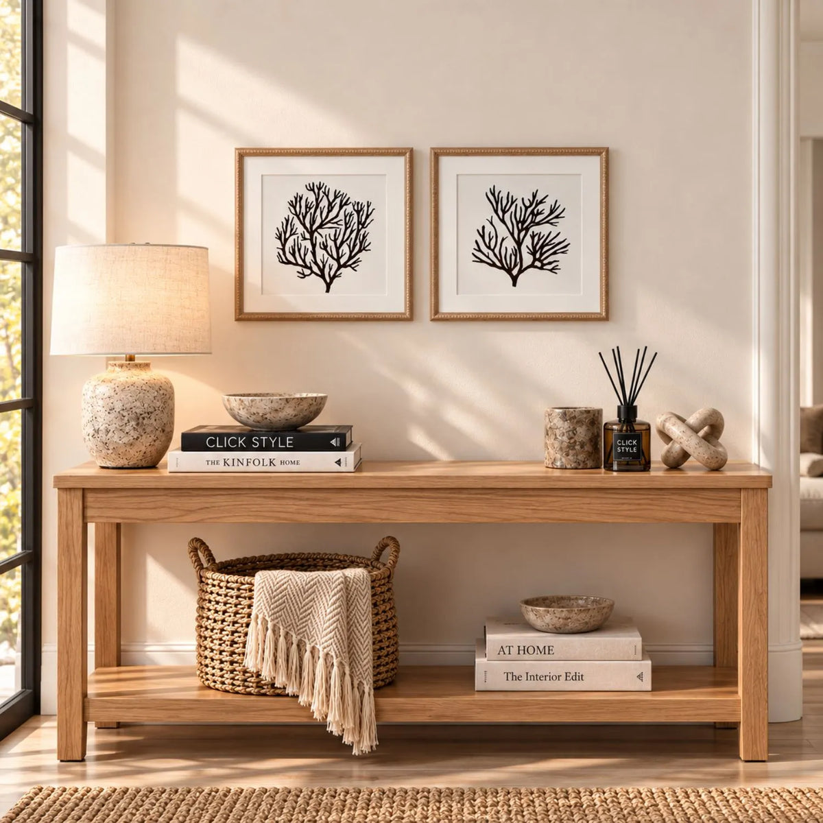 Black & White Coral Print Artwork with Natural Brown Beaded Wooden Frame – Square Full Coral Design 40x40cm styled with coordinating open coral artwork above a natural wood console | Click Style