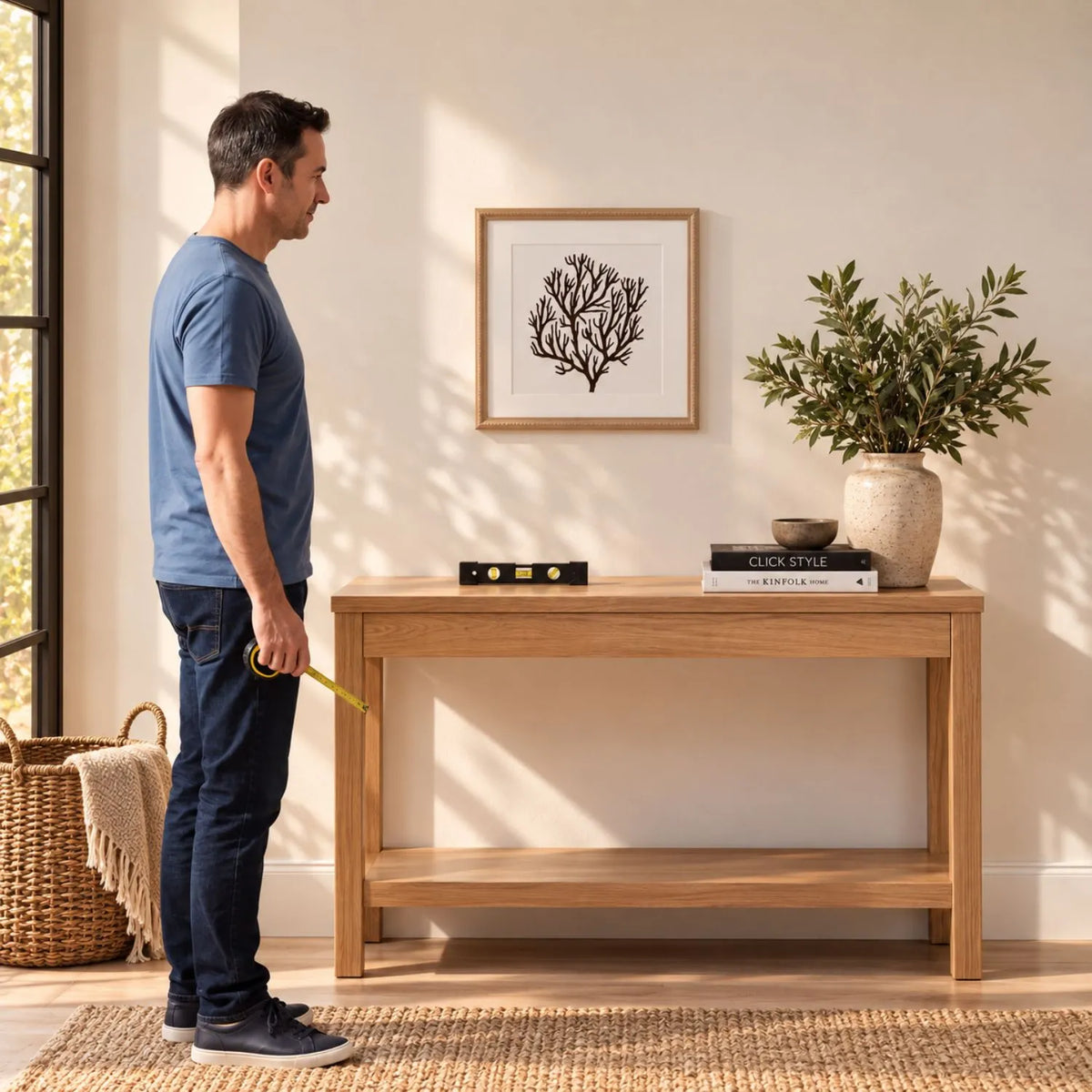 Black & White Coral Print Artwork with Natural Brown Beaded Wooden Frame – Square Full Coral Design 40x40cm styled above a natural wood console with man viewing the artwork after positioning | Click Style