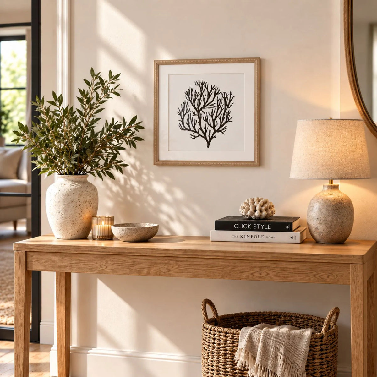 Black & White Coral Print Artwork with Natural Brown Beaded Wooden Frame – Square Full Coral Design 40x40cm styled above a natural wood console with warm lighting and greenery | Click Style