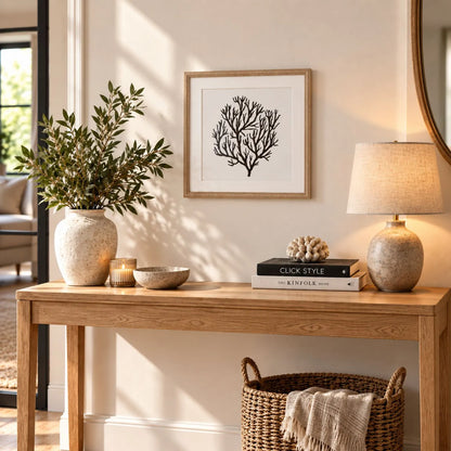 Black & White Coral Print Artwork with Natural Brown Beaded Wooden Frame – Square Full Coral Design 40x40cm styled above a natural wood console with warm lighting and greenery | Click Style