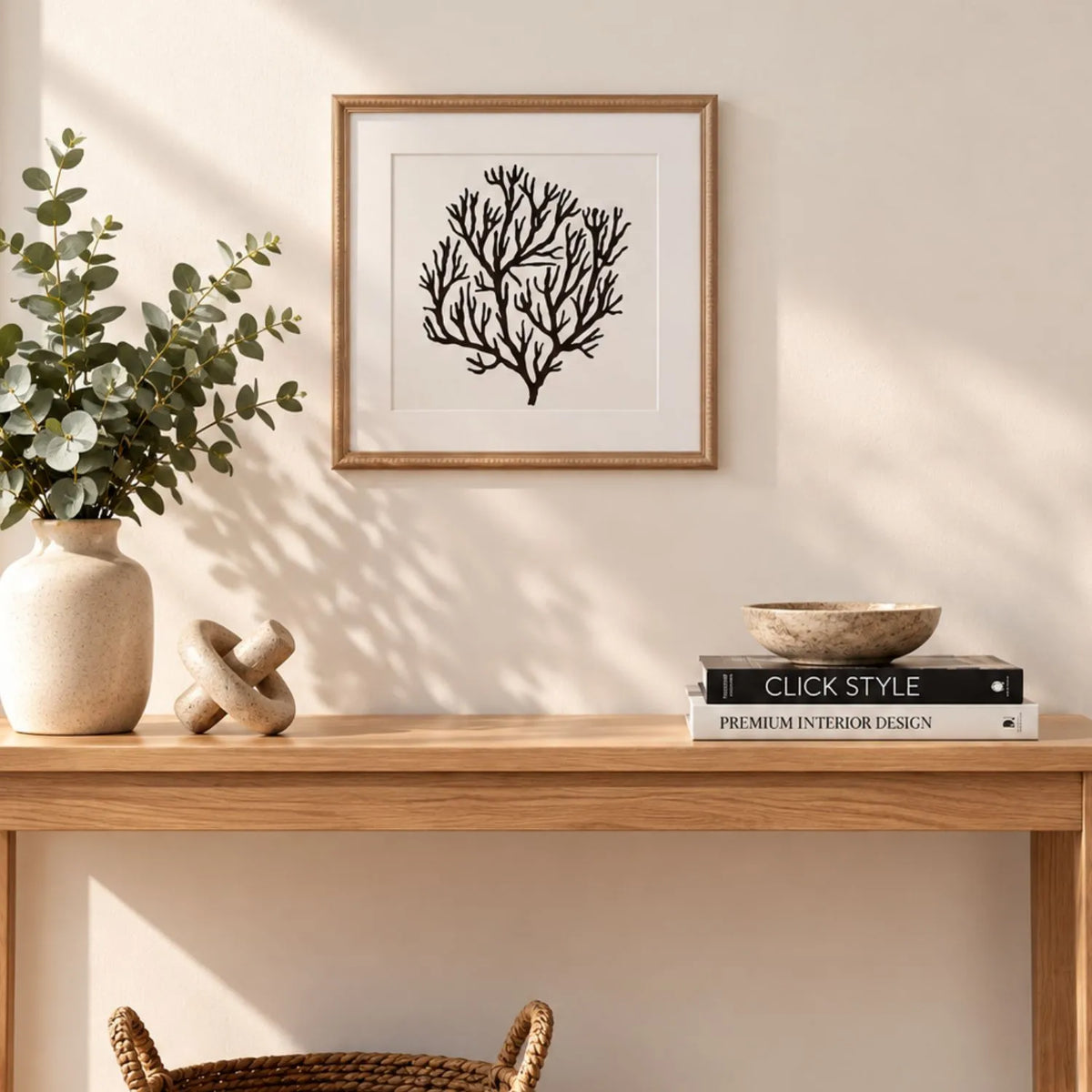 Black & White Coral Print Artwork with Natural Brown Beaded Wooden Frame – Square Full Coral Design 40x40cm styled above a natural wood console in a warm neutral interior | Click Style