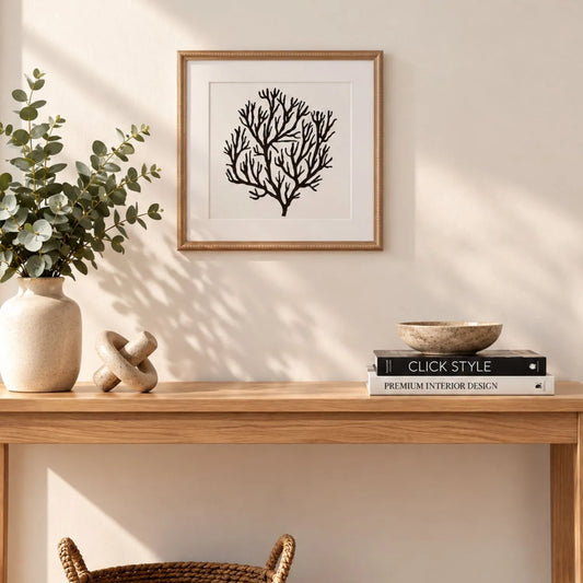 Black & White Coral Print Artwork with Natural Brown Beaded Wooden Frame – Square Full Coral Design 40x40cm styled above a natural wood console in a warm neutral interior | Click Style