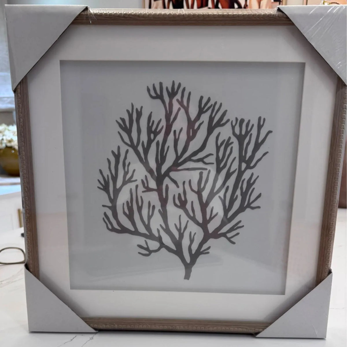 Black & White Coral Print Artwork with Natural Brown Beaded Wooden Frame – Square Full Coral Design 40x40cm – customer photo showing framed coral artwork with protective corner packaging | Click Style