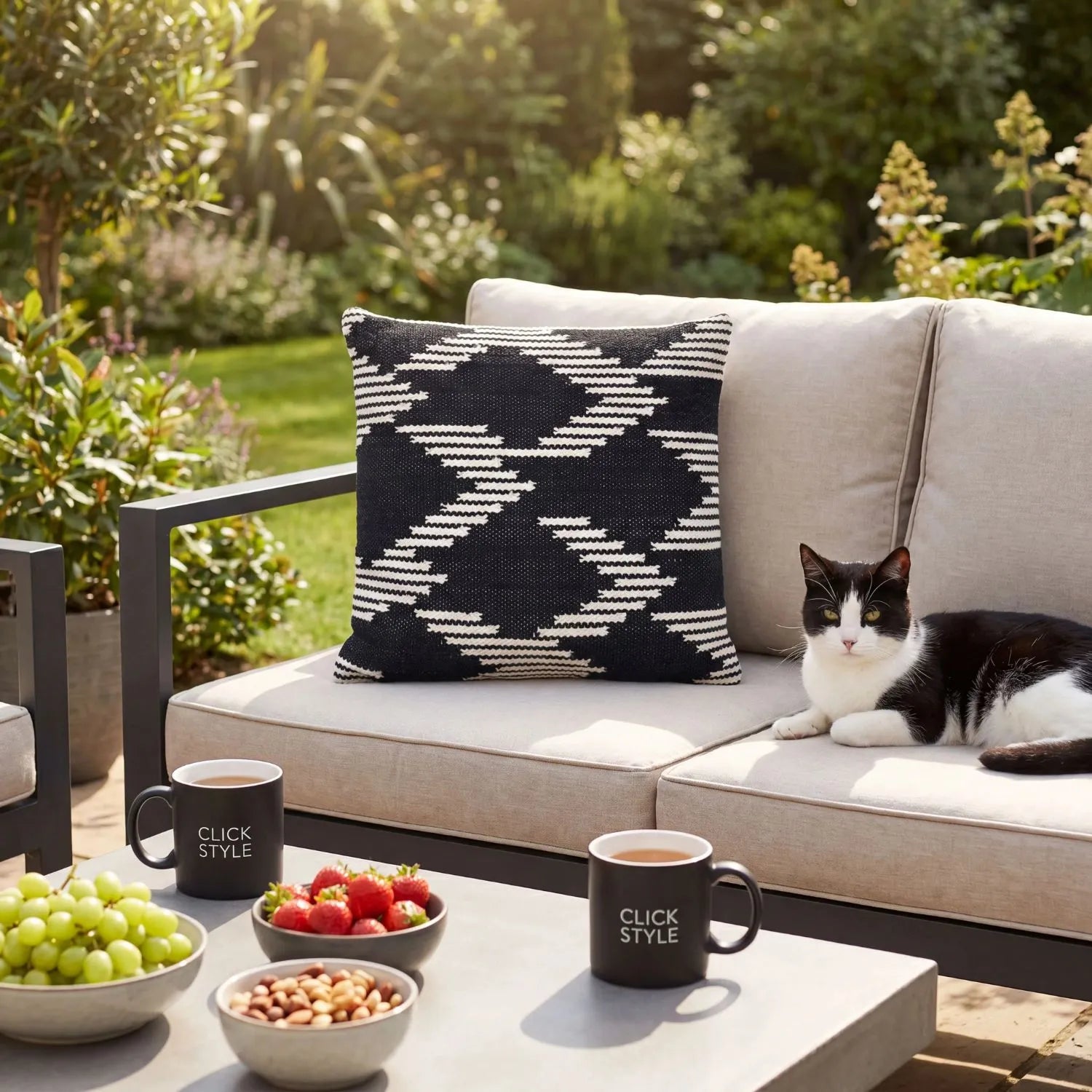 Black & White Square Indoor Outdoor Cushion with Aztec Pattern – Recycled Weather-Resistant & Durable 45x45x10cm – Geometric Garden Scatter Cushion for Patios, Balconies, Conservatories, Garden Furniture & Indoor Seating Areas | Click Style