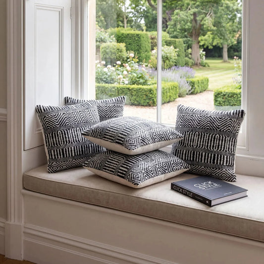 Black & White Square Indoor Outdoor Cushion with Tribal Pattern – Recycled Weather-Resistant & Durable 45x45x10cm featuring a bold black and white tribal-inspired geometric pattern, woven textured finish and recycled PET fabric for garden furniture, patios, balconies, conservatories and modern homes | Click Style