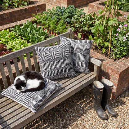 Black & White Square Indoor Outdoor Cushion with Tribal Pattern – Recycled Weather-Resistant & Durable 45x45x10cm featuring a bold black and white tribal-inspired geometric pattern, woven textured finish and recycled PET fabric for garden furniture, patios, balconies, conservatories and modern homes | Click Style