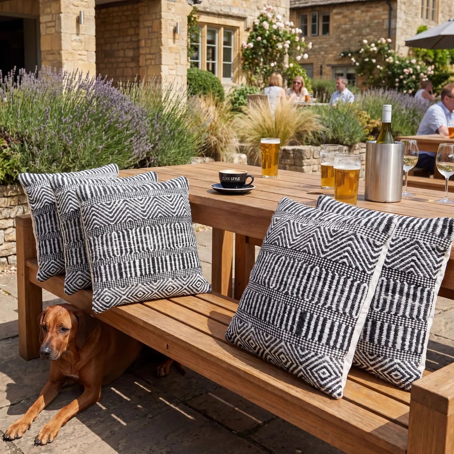 Black & White Square Indoor Outdoor Cushion with Tribal Pattern – Recycled Weather-Resistant & Durable 45x45x10cm featuring a bold black and white tribal-inspired geometric pattern, woven textured finish and recycled PET fabric for garden furniture, patios, balconies, conservatories and modern homes | Click Style