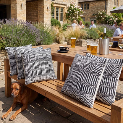 Black & White Square Indoor Outdoor Cushion with Tribal Pattern – Recycled Weather-Resistant & Durable 45x45x10cm featuring a bold black and white tribal-inspired geometric pattern, woven textured finish and recycled PET fabric for garden furniture, patios, balconies, conservatories and modern homes | Click Style